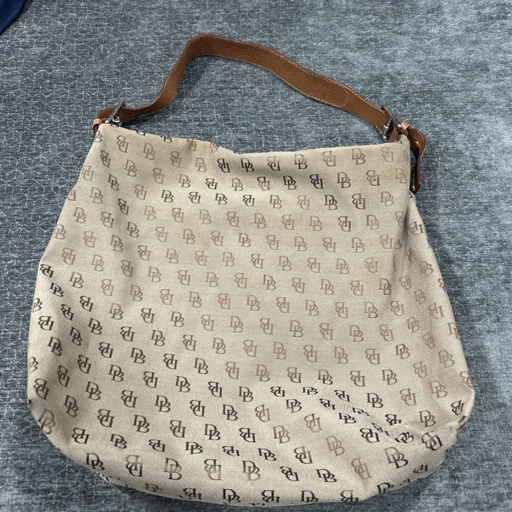 Dooney & Bourke DB Monogram Canvas Hobo Shoulder Bag Brown Leather Trim Y2K